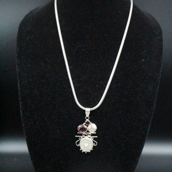 Sterling Silver 925 Purple Glass Sliced Quartz Modernist Pendant - Picture 4 of 10